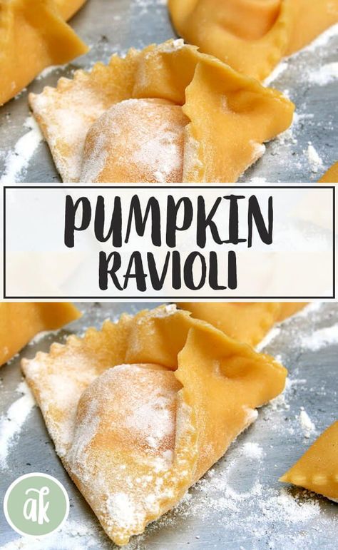 Pumpkin Ravioli with Sage Brown Butter — a labor of love, but worth every effort. Make it over a few days: Roast the squash and make the filling one day; make the dough and shape and cook (or freeze) the ravioli the next. The sage brown butter sauce takes no time to prepare, so having these tasty pillows on hand (frozen) makes for a simple, fast dinner. #pumpkin #ravioli #sage #brown #butter Simple Fast Dinner, Homemade Pumpkin Ravioli, Pumpkin Ravioli Recipe, Sage Brown Butter Sauce, Ravioli Recipes, Ravioli Dough, Sage Brown Butter, Ranch Recipes, Brown Butter Sage Sauce