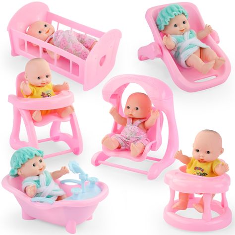 PRICES MAY VARY. SET OF 6 BABIES: Bring home this adorable Cute Lil Baby Doll Collection, a set of 6 mini infant all vinyl dolls that are sure to delight your little ones! This gift set bundle also includes 6 furniture pieces, a cradle, high chair, walker, swing, bathtub, and infant seat, providing endless opportunities for imaginative play. CUTE & CUDDLY: Each doll measures 5 inches tall and features a removable hat and assorted outfits, perfect for your little ones to snuggle up and play with. Baby Doll Stuff, Baby Doll Furniture, Newborn Dolls, Infant Seat, Test For Kids, Toy Playset, Baby Doll Toys, Baby Alive Dolls, Baby Doll Accessories