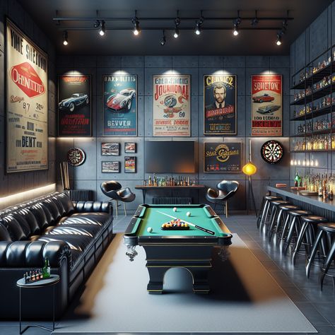 Enter the grey-walled man cave adorned with vintage cars posters and beer signs. Enjoy a game on the pool table or experience nostalgic fun with the arcade machine. Relax on a black leather couch for the optimum TV view. Don't forget to visit the neon-lit custom bar. #ManCave #VintageCars #HomeBar #ArcadeGames #PoolTable #HomeDecor Man Cave Paint Colors, Black Man Cave, Man Cave Shed Ideas, Black Basement, Arcade Decor, Garden Summerhouse, Man Cave Paintings, Family Future, Billiards Bar