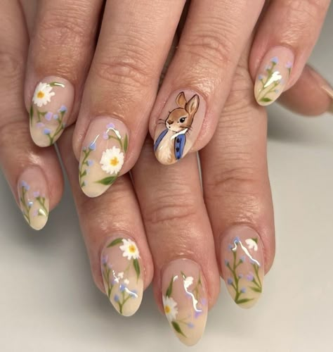 Easter Nails Aesthetic, Easter Aesthetic Nails, Bunny Easter Nails, Aesthetic Easter Nails, Peter Rabbit Nails, Chaos Nails, Bunny Nails Designs, Spring Aesthetic Nails, Animal Nail Art Designs