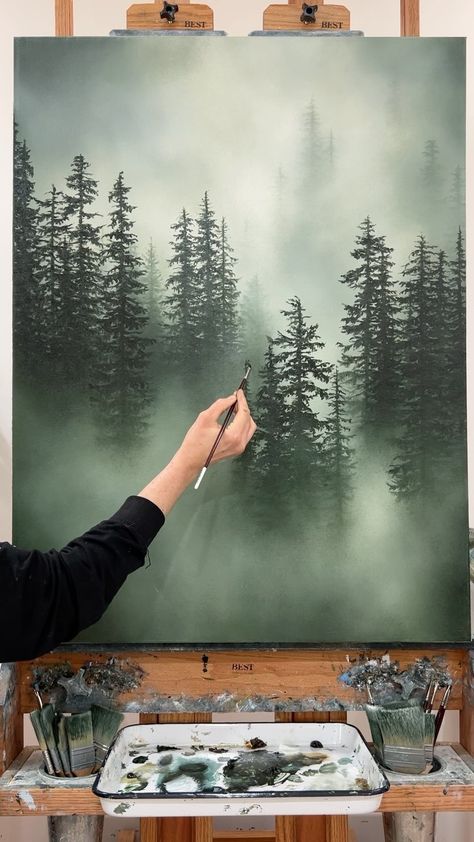 Stretched Canvas and Archival Paper Prints will be released September 2nd in my Print Shop through my website! By subscribing to my mailing… | Instagram Woods Painting Canvas, Foggy Mountain Painting, Painting Ideas Green, Pine Forest Painting, Being Vulnerable, Leaves Painting, Forest Wood, People Painting, Painting Snow