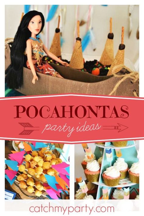 Don't miss this wonderful Pocahontas birthday party! The teepee ice cream cones are so cool! See more party ideas and share yours at CatchMyParty.com  #catchmyparty #partyideas #princesspocahontasbirthdayparty #disneyprincessbirthdayparty Pocohantas Themed Food, Pocahontas Food Ideas, Pocahontas Party Food, Pocahontas Cookies, Pocahontas Party Decorations, Pocahontas Birthday, Pocahontas Party Ideas, Pocahontas Birthday Party Ideas, Pocahontas Birthday Party