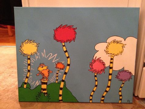 Lorax Dr Seuss painting by CraftyCaityRee on Etsy The Lorax Painting Canvases, Lorax Painting Ideas, Dr Seuss Painting Ideas, Dr Suess Painting, Dr Seuss Painting, Lorax Painting, Bedroom Remodeling, Diy Canvas Wall Art, Painting Canvases