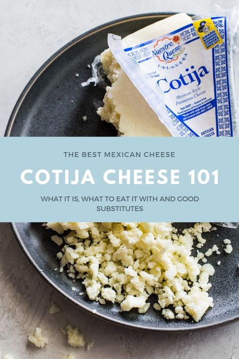 Learn all about cotija cheese! What is cotija cheese, what's a good substitute for cotija cheese, and recipes that use cotija cheese. This popular salty and crumbly cheese is used in many Mexican recipes to enhance savory dishes. Try it on tacos, enchiladas, tostadas and soups! #cotija #mexican Cojita Cheese Recipe Dishes, Mexican Crumble Cheese Recipes, Recipes Using Cojita Cheese, Cojita Cheese Uses, Cojita Cheese Recipe, Mexican Cheese Recipes, Recipes With Cotija Cheese, Recipes Using Cotija Cheese, Cojita Cheese