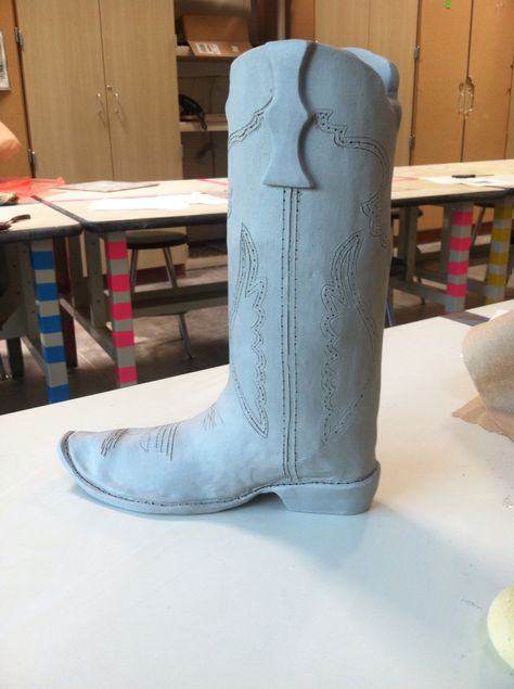 Realistic Ceramic Sculpture, Ceramic Shoes Sculpture, Cowboy Boot Ceramic, Big Ceramics Projects, Ceramic Cowboy Boot, Clay Cowboy Boot, Cowboy Boot Vase, Ceramic Things, Ceramic Shoes