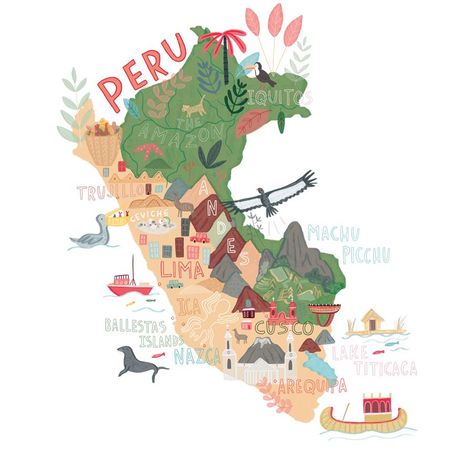 Peru Map Illustration, Peru Drawing, Machu Pichu Travel, Peru Map, Inca Kola, Peru Travel, Travel Illustration, Drawn Illustration, Illustrated Map