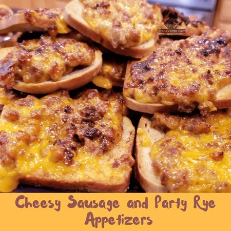 Rye Bread With Sausage And Cheese, Party Rye Pizza Recipe, Rye Bread Appetizer Snacks, Rye Party Bread Appetizers, Rye Pizza Appetizers, Sausage Link Appetizers, Party Ryes Appetizers, Cocktail Rye Appetizers, Sausage On Rye Appetizer