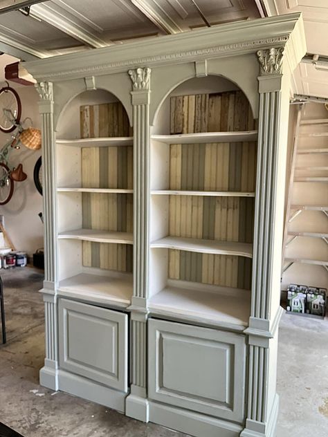 Custom Bookshelf Ideas, Book Case With Wallpaper Back, Bookshelf Antique, Victorian Bookshelf, Artists Room, Floating Nightstand Ideas, Redone Furniture, Modern Floating Nightstand, Theme House