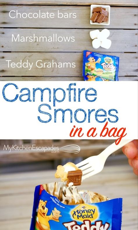 Campfire Smores in a Bag - Walking Bag Food, S'mores In A Bag Camping, Camping Meals On Grill, Teddy Grahams Ideas, Camping No Fridge, Camp Fire Treats, S’mores Hack, Campfire Treats For Kids, Smores Without A Campfire