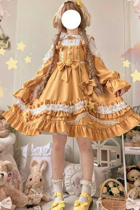 Yellow Puffy Sleeve Dress, Kawaii Dress Aesthetic, Cute Rain Coat, Flower Inspired Outfits, Cute Fantasy Outfits, Tea Party Clothes, Aesthetic Yellow Outfits, Floofy Dress, Sun Inspired Outfit