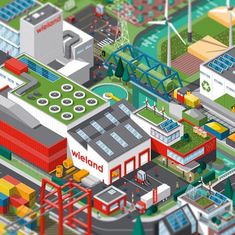 alloy producer. The report includes extensive non-financial information on the company’s business activities and underscores Wieland’s commitment towards its ambitious environment, social and governance (ESG) goals. Aim was to illustrate all individual report sections in a large isometric »Wieland-world«. Key challenge was thereby to design a compliant corporate illustration system that works as a whole image as well, as in individual elements. The whole artwork was illustrated in Adobe Illus Illustration System, Corporate Illustration, Sustainability Report, Business Activities, Isometric Illustration, Rapid Prototyping, Financial Information, Sustainability, Acting