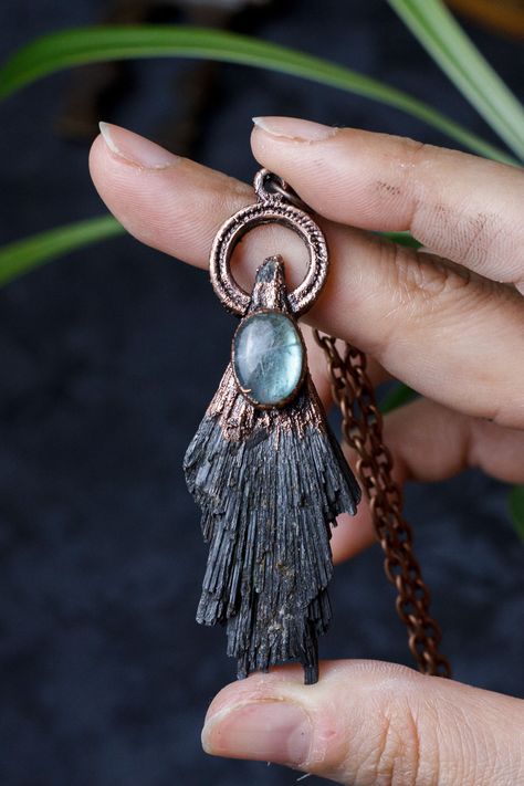 Witchy Necklace, Artsy Electroformed Jewelry For Gifts, Mystical Gold Electroformed Jewelry, Electroformed Crystal Jewelry, Spiritual Electroformed Necklaces As Gift, Black Kyanite Jewelry, Silver Electroformed Crystal Necklace, Copper Electroformed Jewelry, Moon Goddess Necklace