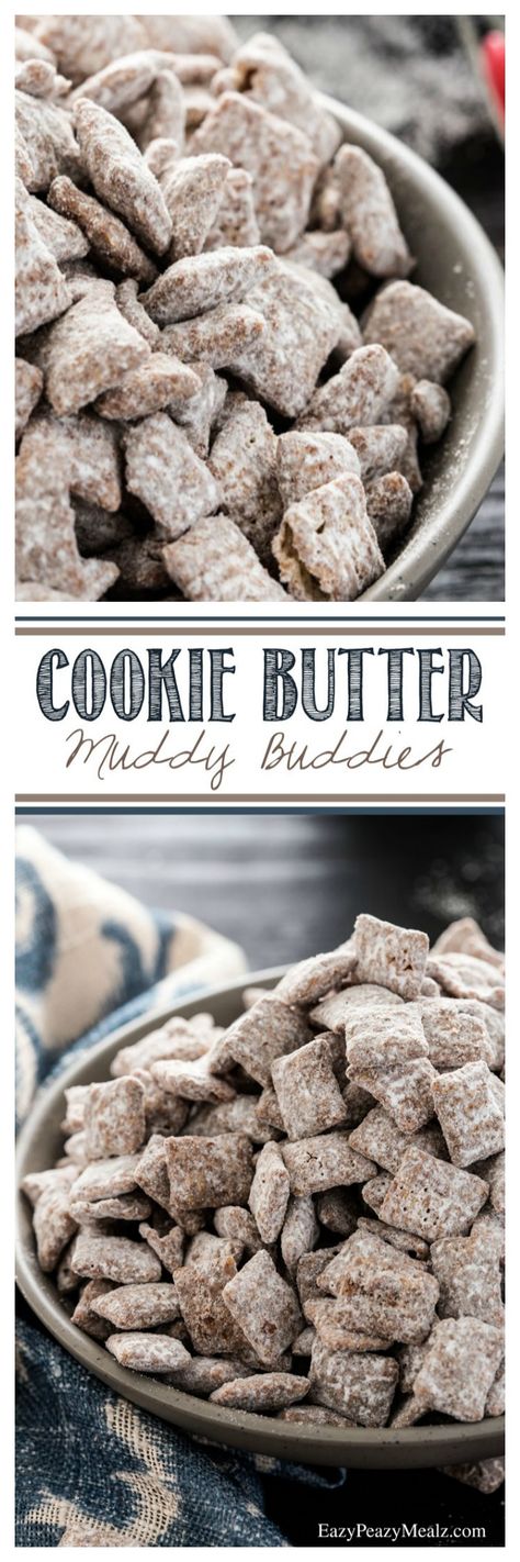 Cookie Butter Muddy Buddies! Seriously the best muddy buddies EVER! - Eazy Peazy Mealz Puppy Chow Without Peanut Butter, Puppy Chow Recipe, Chex Mix Puppy Chow, Chow Recipe, Puppy Chow Recipes, Chex Mix Recipes, Muddy Buddies, Cookie Butter, Butter Cookies Recipe