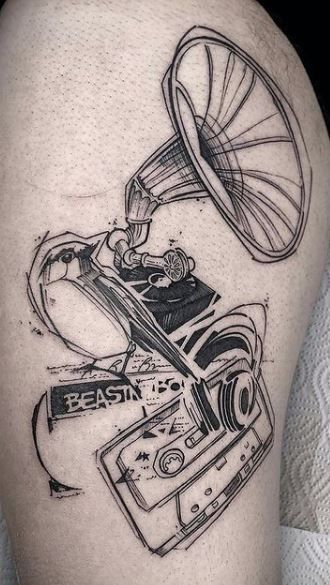 Creative Music Tattoos, Aesthetic Music Tattoos, Music Tattoo Designs Sleeve, Rock Tattoo Music, Producer Tattoo, Audio Tattoo, Turntable Tattoo, Tattoo Music Ideas, Bluetooth Tattoo