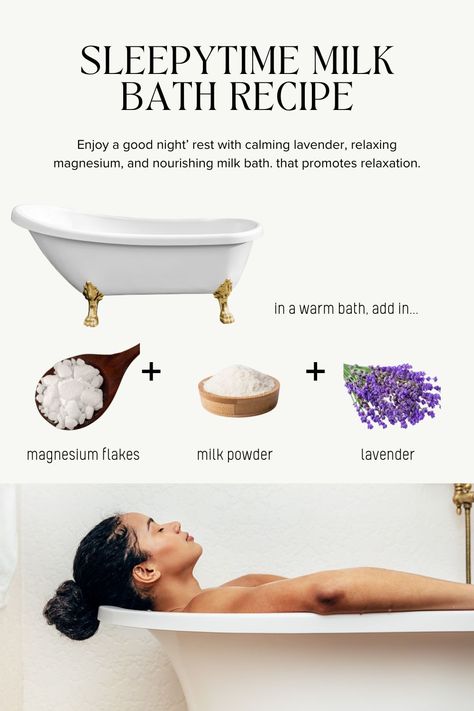 sleepy time milk and lavender bath recipe step by step instructions and woman relaxing in bath Oatmeal Bath Soak Diy, Diy Bath Milk, Lavender Epsom Salt Bath Diy, Magnesium Bath Soak Recipe, Bath Ideas Relaxing Diy Spa, Milk Bath Recipe Diy, Spiritual Bath Recipes, Ritual Bath Recipes, Milk Bath Benefits