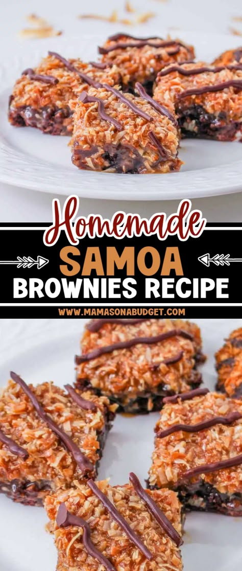 Brownie Recipes Flavors, Easy Desserts For Lunch, Samoa Recipes Desserts, Samoa Brownies Recipe, Recipes With Toasted Coconut, Marshmallow Bars Recipes, Baked Goods That Travel Well, Stuffed Brownie Recipes, Dessert Snack Ideas