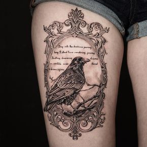 23 Mystique and Seductive Raven Tattoo Designs Crow Tattoo Feminine, Raven Thigh Tattoo, Crow Tattoo Design Ravens, Raven Tattoos For Women, Small Raven Tattoos For Women, Crow Tattoos For Women, Fairytale Tattoos, Raven Tattoo Ideas, Raven Tattoos