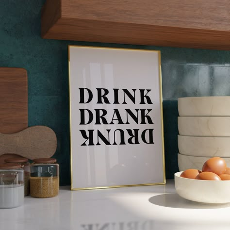 Drink Drank Drunk Wall Art Print Welcome to my store, and thank you for visiting! I specialise in photography and designing digital art prints for your enjoyment. With a wide variety of styles and more to come, you can decorate your home in your unique fashion. Available as an A5, A4 or A3 print FEATURES: - Printed on high-quality premium 200 - 250GSM Matte Paper - All prints are posted in a flat, hardback envelope in a sealed cellophane wallet - Unframed. The frame in the image is for display p Drink Wall Art, Funny Kitchen Decor, Airbnb Theme Ideas, Cute Wall Decor Ideas, Drunk Art, Unique House Decor, Kitchen Frames, Bar Cart Wall Decor, Easy Diy Wall Art