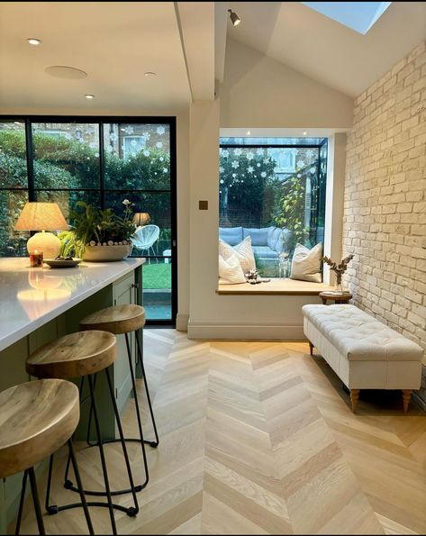 Window Seating Area, Window Seating, Kitchen Diner Extension, White Brick Wall, House Extension Plans, Open Plan Kitchen Diner, Serene Garden, Open Plan Kitchen Dining, Open Plan Kitchen Living Room