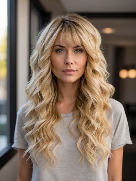 Layered Haircuts With Curtain Bangs, Haircuts With Curtain Bangs, Side Part Bangs, Bangs Wavy Hair, Parted Bangs, Dynamic Movement, Blonde Waves, Hairstyles For Layered Hair, Long Layered Haircuts