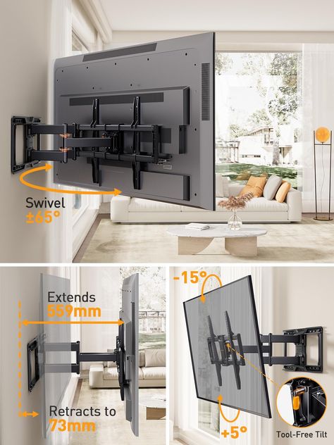 Perlegear UL-Listed Full Motion TV Wall Bracket for 42–90 Inch TVs up to 68KG, Universal Dual Arm TV Bracket with Tool-Free Tilt, Swivel, Extension, Max VESA 600 x 400mm, PGLF16: Amazon.co.uk: Electronics & Photo Adjustable Tv Wall Mount, Tv Furniture Design, Swivel Tv Wall Mount, Tv On The Wall, Hanging Tv On Wall, 75 Inch Tv, Wall Mount Tv, Full Motion Tv Wall Mount, Mount Tv