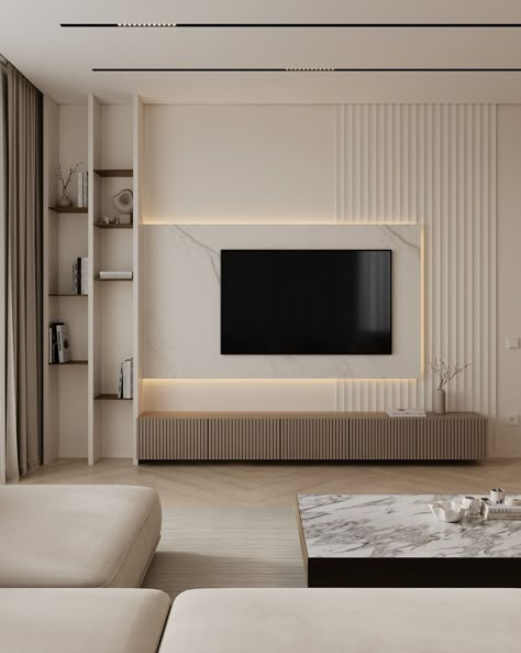 Tv Wall Decor With Shelves, Panel Feature Wall Living Room, Tv Unit Next To Main Door, Tv Wall Design Japandi, Coridorio Design Home, Sleek Tv Unit Design, Family Area Design, Minimal Tv Unit Design, Contemporary Media Wall