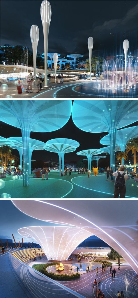 Futuristic Public Space, Futuristic Sustainable Architecture, Futuristic Outdoor Design, Futuristic Park Design, Futuristic Pavilion, Lattice Architecture, Futuristic Tree, Eco Futurism, Futuristic Garden