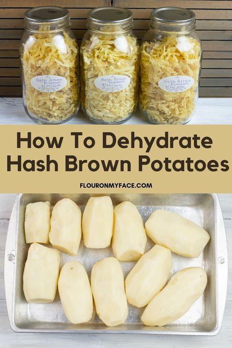 How To Dehydrate Hash Brown Potatoes for long term storage. Check out how 8 pounds of fresh potatoes can be stored in 3 quart jars. Dry Packed Potatoes, How To Store Potatoes Long Term, Food Storage Organization Ideas, Foods To Can, Preserving Potatoes, Dehydrated Food Recipes, Dehydrator Snacks, Dehydrated Potatoes, Canning Pantry