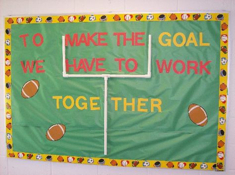 Football Bulletin Board Ideas | Make sure that you get a "T" connector, and 2 curved connectors so ... Superbowl Bulletin Boards, Teamwork Bulletin Board Ideas, Football Bulletin Board Ideas, Teamwork Bulletin Boards, Bulletin Board Ideas For Work, Character Education Bulletin Boards, Football Bulletin Boards, Pta Bulletin Boards, Bulletin Boards School