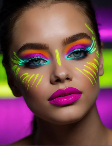 Out Of The Box Makeup Looks, Glow In Dark Makeup Ideas, Simple Rave Makeup Looks, Glow In The Dark Eye Makeup, Festival Makeup Colorful, Colorful Festival Makeup, Blacklight Makeup Ideas, Black Light Face Paint Ideas, Glow Party Makeup Ideas