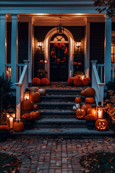 Autumn Stoop Decor, Halloween Decorations Front Of House, Pumpkin Porch Ideas, Fall Front Stoop, Porch Halloween Decorating Ideas, Front Porch Halloween Ideas, Halloween Porch Ideas, Stoop Decor, Haloween Decor