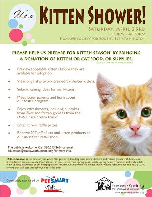 Kitten Shower invite; Great ideas for the shelter's first puppy and kitten shower Cat Adoption Event Ideas, Kitten Shower Ideas, Humane Society Design, Animal Shelter Donations, Animal Shelter Fundraiser, Animal Rescue Fundraising, Adoption Ideas, Animal Rescue Ideas, Pet Event