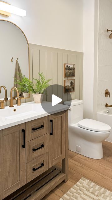 Gold Trim Bathroom, Bathroom Gold Fixtures, Brushed Gold Bathroom Fixtures, Brushed Brass Bathroom Fixtures, Sage Phillips, Brushed Gold Fixtures, Mixed Metals Bathroom, Mixed Metal Bathroom, Moen Cia