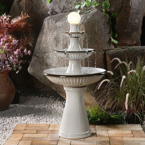 3 Tier Ceramic Fountain with Lights - Ivory Elegance - Bed Bath & Beyond - 40011759 Ceramic Fountain, Water Sound, Bird Bath Fountain, Outdoor Sanctuary, Fountain Feature, Outdoor Fountain, Led Decor, Fountains Outdoor, White Led Lights