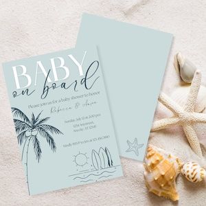 Editable Baby on Board, Surf, Ocean Themed Baby Shower invitation template. Surfer Theme Baby Shower Ideas, Baby On Board Invitation, Ocean Theme Baby Shower Ideas Boy, Beach Themed Baby Shower Ideas, Surf Baby Shower Theme, Baby On Board Shower Theme, Coastal Baby Shower Theme, Baby On Board Baby Shower Ideas, Baby Shower Beach Theme