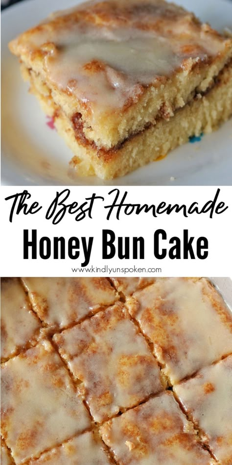 Try my Best Honey Bun Cake Recipe from Scratch for a soft and tender buttery yellow cake, layered with swirls of brown sugar cinnamon, and a delicious honey vanilla glaze on top. It tastes even better than honey bun snack cakes and is made in 1 hour time! Honey Bun Cake Recipe From Scratch, Honeybun Cake Recipe, Honey Bun Cake Recipe, Bun Cake Recipe, Cake Recipe From Scratch, Honey Dessert, Honey Bun Cake, Honey Cake Recipe, Bun Cake