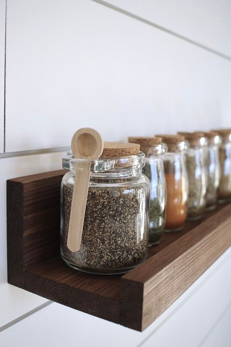 Kitchen Picture Shelf, Wooden Picture Ledge, Spice Shelves, Spice Rack Shelf, Floating Shelves Rustic, Ledge Shelves, Shelf Ledge, Picture Ledge Shelf, Picture Shelf