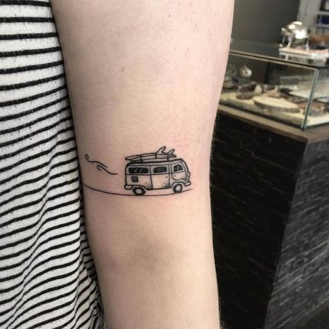 Minimalist Space Tattoo, Bus Tattoo, Surfing Tattoo, Vw Tattoo, Surfer Tattoo, Surf Tattoo, Tattoos Cute, Hippie Tattoo, Minimalist Space