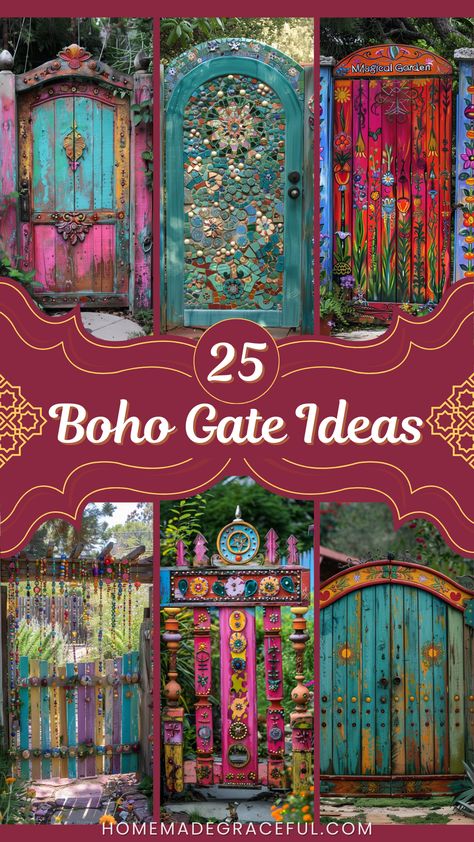 boho gate ideas Entry Arbor Ideas Front Gates, Outdoor Entryway Decor Front Entrances, Boho Yard, Boho Front Door, Outdoor Entryway Decor, Garden Gate Ideas, Secret Garden Door, Eclectic Garden, Wooden Garden Gate