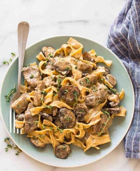 The BEST recipe for Slow Cooker Beef Stroganoff from scratch! Healthy version without the canned soup. EASY, creamy crockpot recipe with steak, mushrooms, and Greek yogurt instead of sour cream. Our whole family loves it! Crock Pot Stroganoff, Healthy Beef Stroganoff, Stroganoff Beef, Best Beef Stroganoff, Beef Stroganoff Crockpot, Beef Stroganoff Recipe, Beef Stroganoff Easy, Slow Cooker Beef Stroganoff, Tender Meat