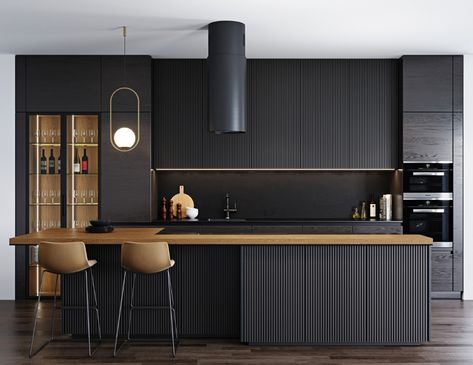 Modern kitchen 3 on Behance Modern Konyhatervezés, Black Modern Kitchen, Modern Black Kitchen, Classy Kitchen, Modern Kitchen Design Black, Modern Kitchen Interiors, Kitchen Interior Design Modern, Tiles Design, Kitchen Models