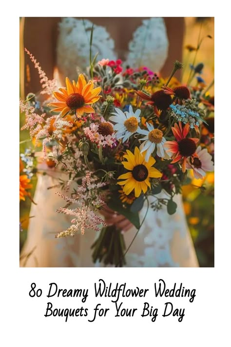 Fake Wildflower Wedding Bouquet, Boho Wedding Wildflowers, Wild Flower Fall Wedding, Wildflower Fall Wedding Bouquet, Wildflower Bridal Bouquet Summer, Fall Wedding Bouquets With Sunflowers Rustic, Early September Wedding Flowers, Fall Wild Flower Wedding, Late Summer Bouquet Wedding