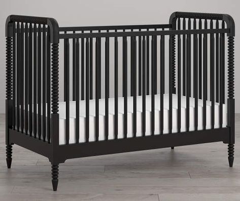 Baby Cot Industrial Nursery Ideas, Black Furniture Nursery, Nursery With Black Crib, Black Crib Nursery, Dark Nursery, Wood Spindles, Black Crib, Lamb Nursery, Black And White Nursery