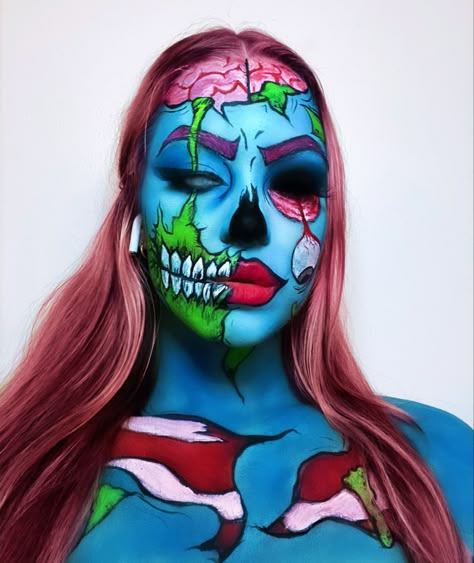 Sfx Face Paint, Toxic Waste Makeup, Sfx Clown Makeup, Pop Art Makeup Halloween, Cheerleader Zombie, Halloween Face Paint Ideas For Women, Comic Makeup Pop Art Halloween Costumes, Pop Art Halloween Makeup, Halloween Makeup Comic Pop Art