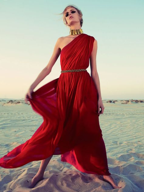 :D Toga Dress, Black Magazine, Grecian Goddess, Red Gowns, Chiffon Skirt, Wearing Red, Fashion Pictures, Red Fashion, Red Formal Dress