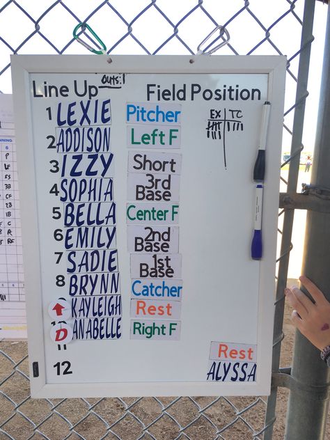 DIY Softball Line Up Board using magnetic whiteboard, magnet biz cards customized with player names & positions. I used my Cricut & permanent vinyl for durability. Tip: measure &  cut the biz cards so that 12 will fit - I made mine a bit to big. Softball Line Up Board, Softball Lineup Board, Baseball Lineup Board Diy, Softball Lineup Board Diy, Softball Dugout Ideas, Softball Dugout Organization, Softball Gifts For Players Diy, Softball Organization, Dugout Ideas