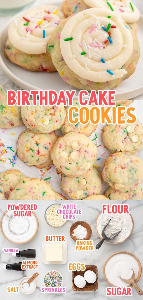 Birthday Cake Cookies, Crumble Cookie Recipe, Confetti Cookies, Creamy Frosting, Cookie Cake Birthday, Cookie Cake Recipe, Healthy Cookie Recipes, Sprinkle Cookies, Gourmet Cookies