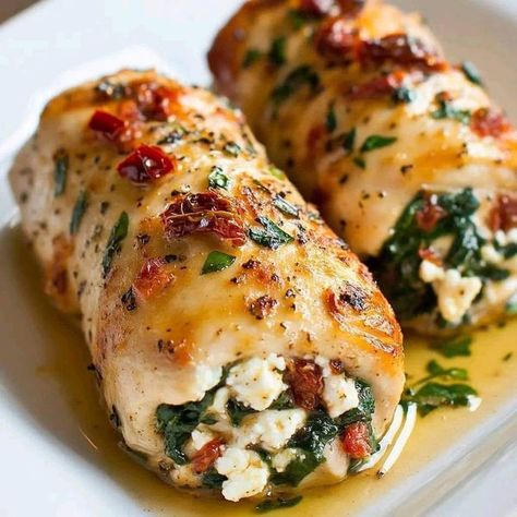 Jamie Oliver Recipes | Savory Spinach and Feta Chicken Rolls | Facebook Spinach And Feta Chicken, Rolled Chicken Recipes, Rolls Food, Chicken Roll Ups, Feta Chicken, Diet Recipes Easy, Chicken Rolls, Stuffed Chicken, Spinach And Feta