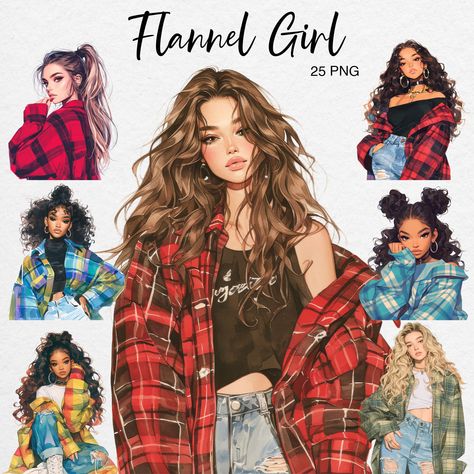 Flannel Girl, Red Flannel Shirt, Flannel Fashion, Fashion Clipart, Womens Flannel Shirt, Flannel Shirts, Journaling Scrapbooking, Crazy Hair Days, Junk Journaling