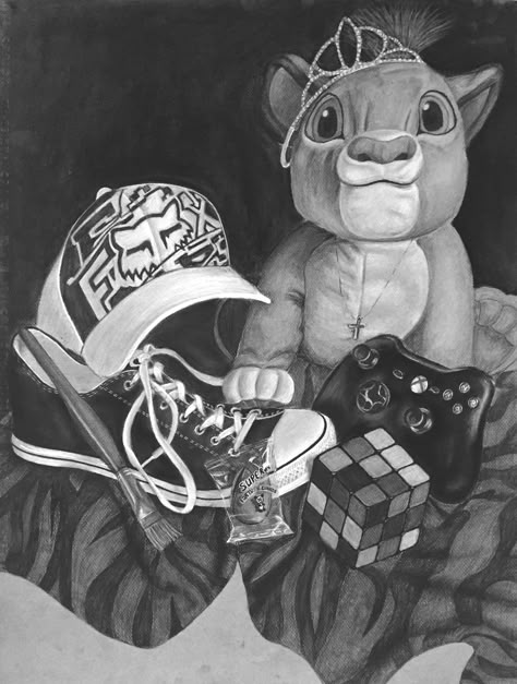 Student work - Foundation Drawing - Youngstown State U. - personal still life. Toy Still Life Drawing, Personal Possessions Art, Personal Still Life, Daily Routine Art, Art About Time, Life Art Drawing, Childhood Objects, Still Life Drawing Ideas, Foundation Drawing